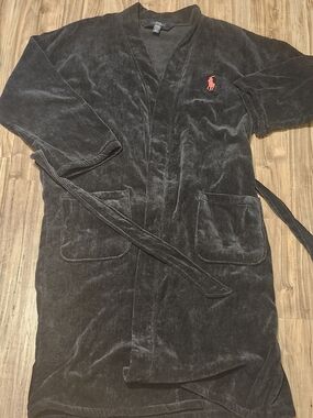 Polo by Ralph Lauren Black Velour Robe with Red Pony Embroidery